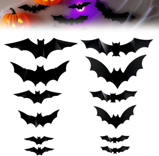 Glam Halloween 3D Lighted Bats, LED Purple Lighted 3D Bats Halloween Decoration, Upgrade LED Glowing Bat Group Hanging Wall Luminous Glow Clings Multipack (12Pcs Black)