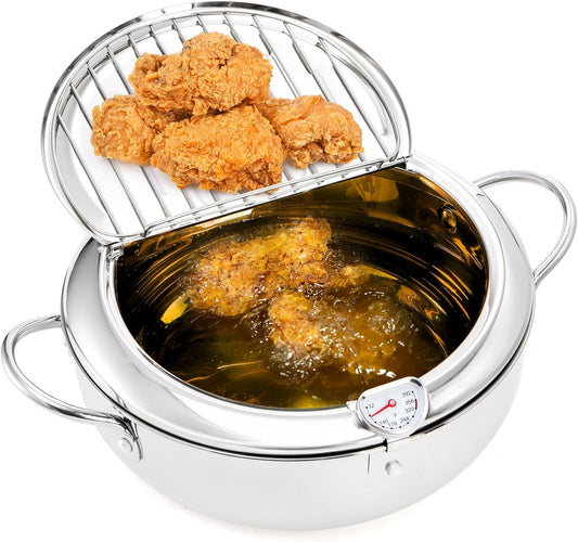 Deep Fryer Pot 304 Stainless Steel, 3.4L Frying Chicken Pot with Thermometer Control and Lid, Japanese Style Tempura Fryer Pot