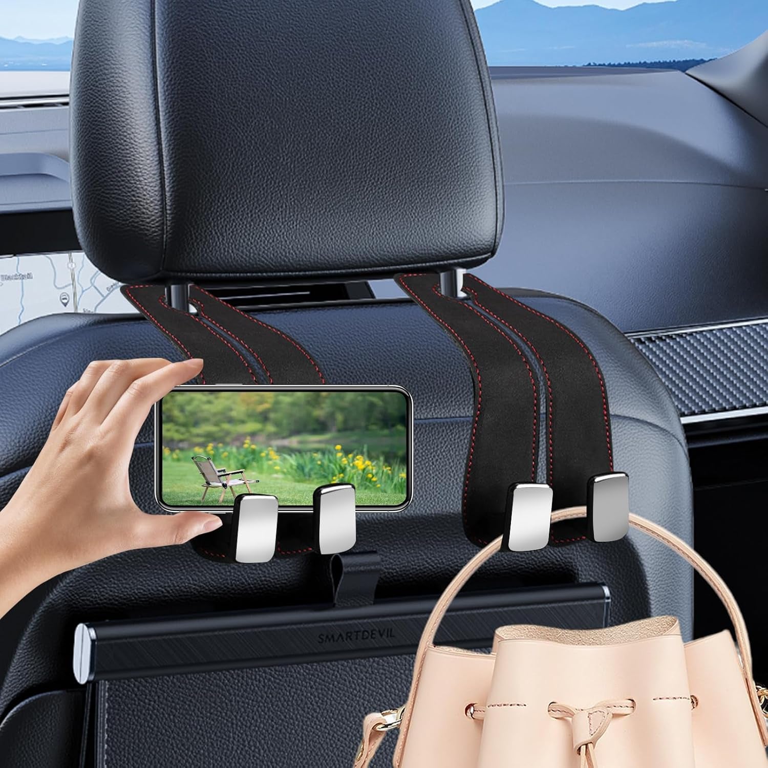 2Pcs Car Hooks for Headrest, Car Seat Hooks Purse Hook for Car, Double Headrest Hooks Purse Holder & Mobile Phone Holder, Car Hanger Storage Car Seat Back Organizer for Bags, Purses, Handbags(Black)