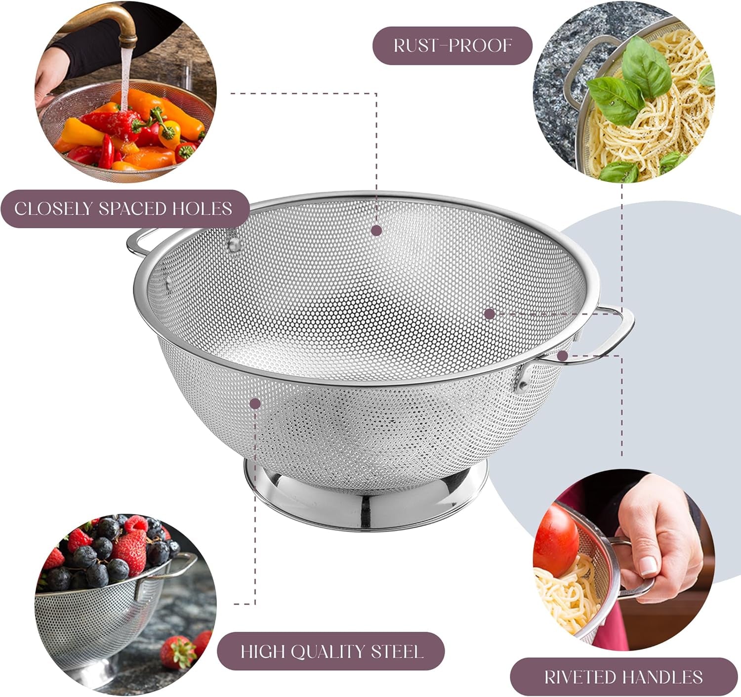 Micro-Perforated Stainless Steel Colander-Dishwasher Safe (3 QT and 5 QT)