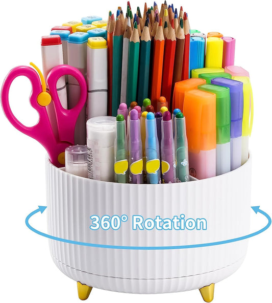 Desk Organizer, 360-Degree Rotating Pen Holder for Desk, Desk Organizers and Accessories with 5 Compartments Pencil Organizer, Art Supply Storage Box Caddy for Office, Home （White）