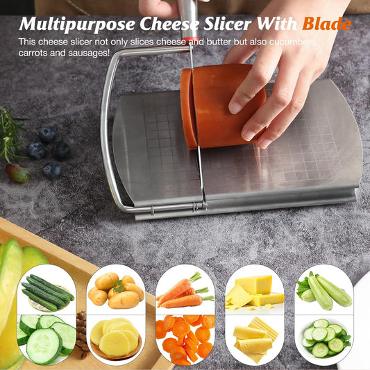 Cheese Slicer Cutter, Stainless Steel Cheese Cutter Board with Blade for Block Cheese, Vegetables, Butter, Sausages, Bread