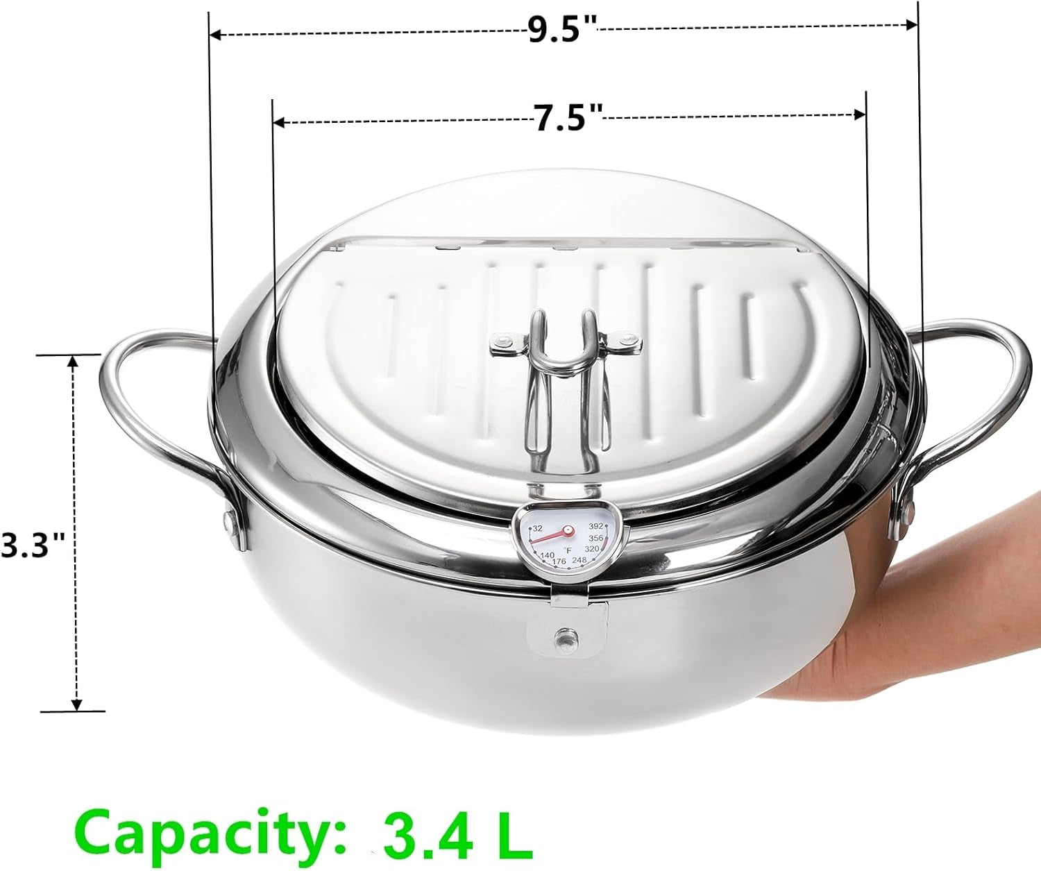 Deep Fryer Pot 304 Stainless Steel, 3.4L Frying Chicken Pot with Thermometer Control and Lid, Japanese Style Tempura Fryer Pot