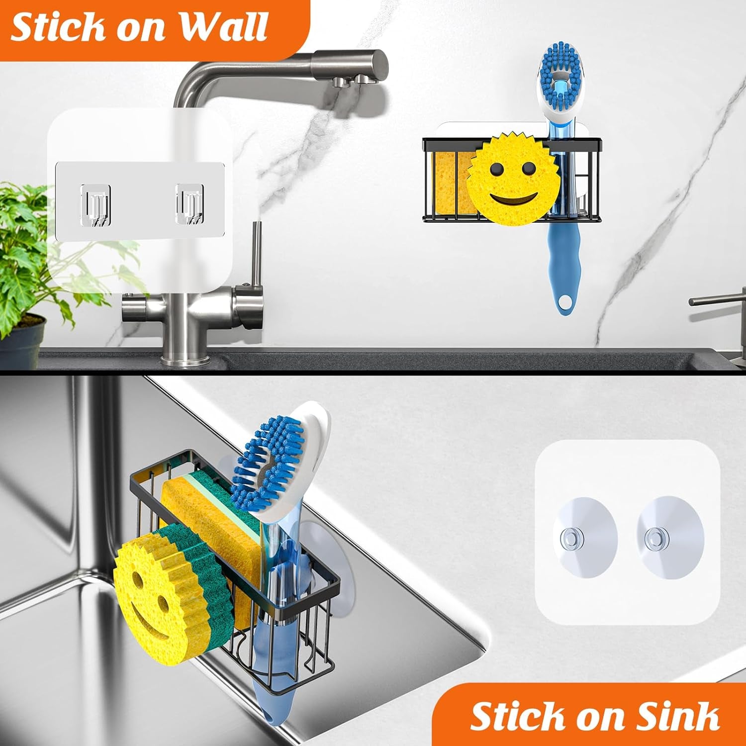 Sponge Holder Smiley Face, Sink Caddy for Kitchen Sink, Sink Organizer Sponge Holder with 2 PCS Suction Cups/1 PCS Adhesive Strips, Designed for Sponge, Soap, Dish Brush, Scrubber-Black