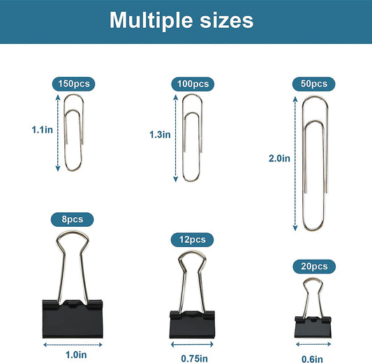 Binder Clips Paper Clips Assorted Sizes, 340Pcs Black Binder Clips Jumbo Paperclips Set, Large Paper Clips for Office, School Supplies, Binder & Paper Clips in Container with Compartments