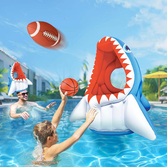 Pool Wave Kids Shark Pool Toy, 3-In-1 Inflatable Float Water Game Basketball Football Head Hoop Toss, Toddler Outdoor Summer Swimming Floating, Cool Family Party Gift Age 3 4 5 6 7 8 Year Old Boy Girl
