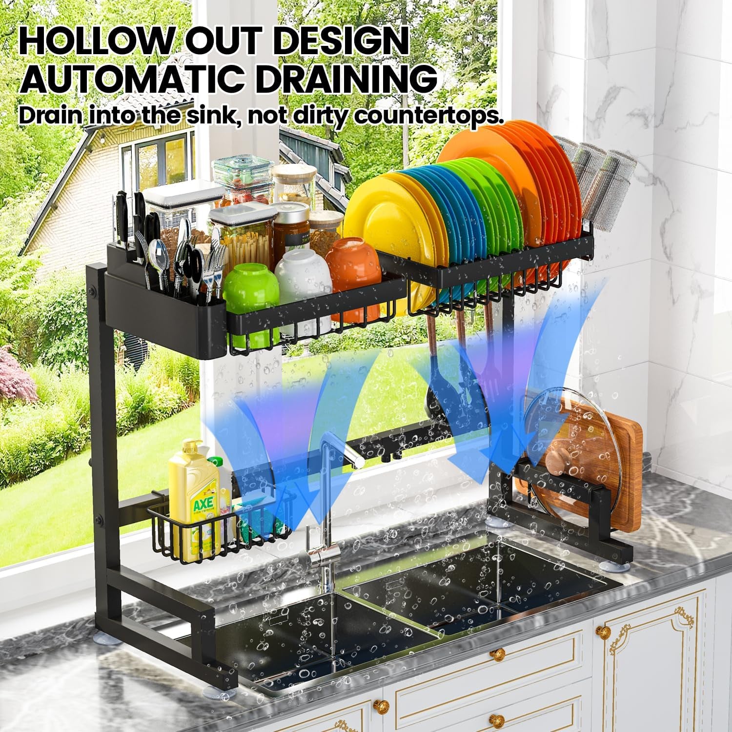 Fit Sink 24.5"- 35.5" L over Sink Dish Drying Rack (Expandable Dimension) Snap-On Design 2 Tier Large Kitchen Dish Rack Stainless Steel Counter Organization and Storage