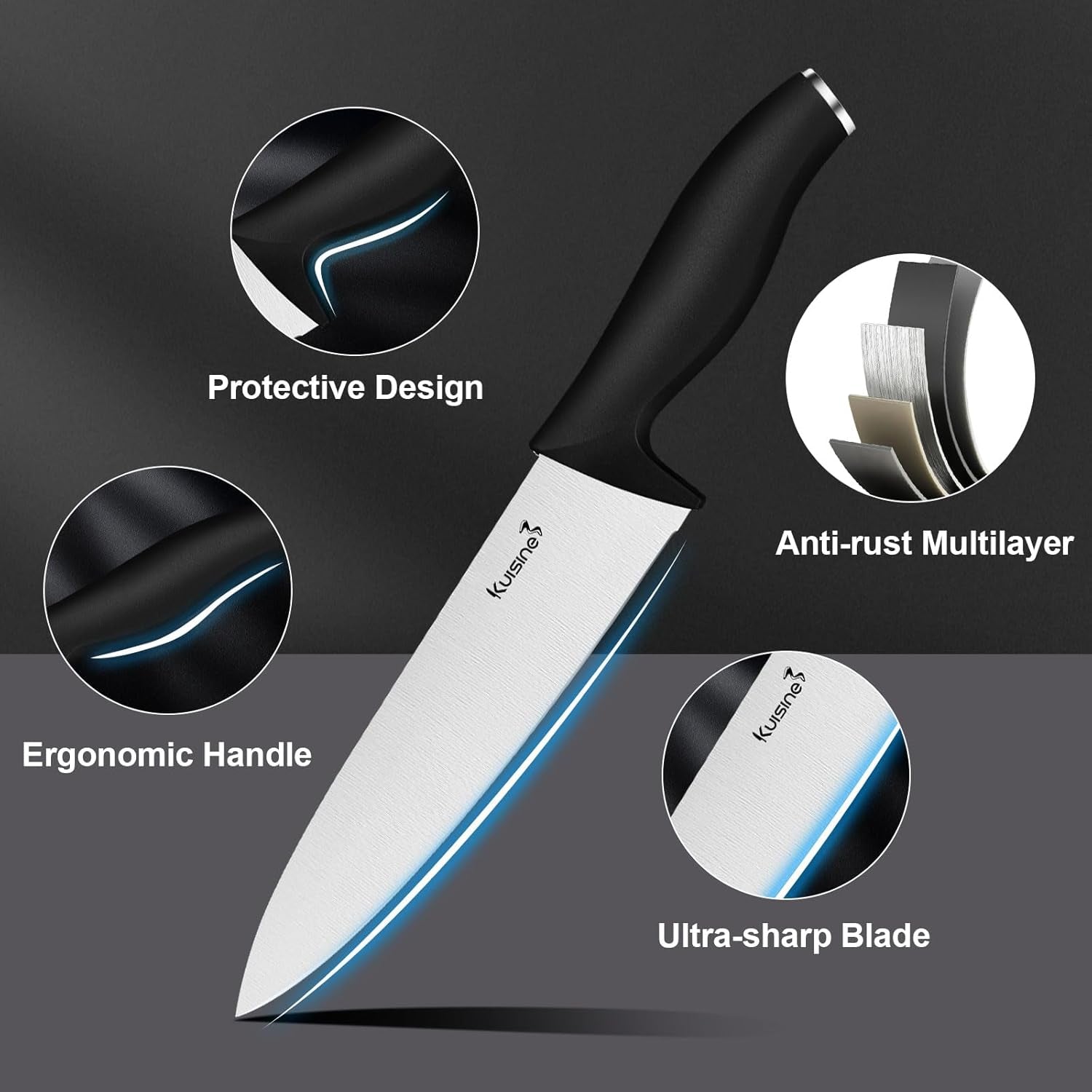 Kitchen Chef Knife Set,High Carbon Stainless Steel Ultra Sharp Blade Ergonomic Handle,Knife Set with Block Built-In Sharpener(15Pcs,Black)
