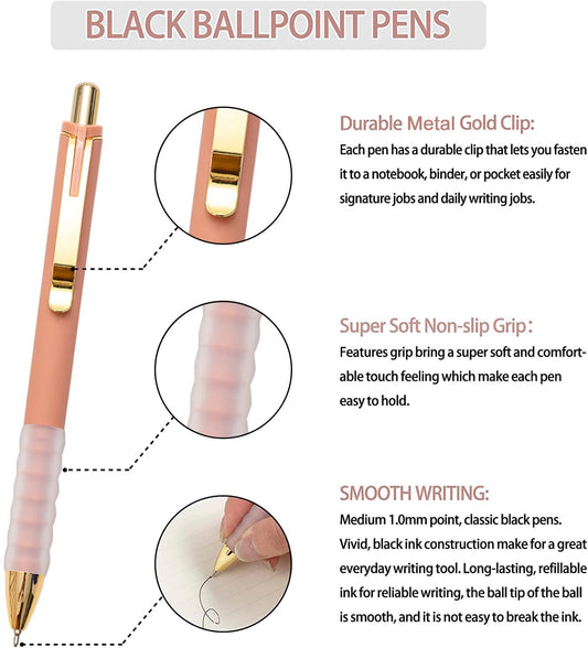 Ballpoint Pens Black Medium Point 1.0mm – Retractable with Super Soft Grip (Gold, 12 Pcs)