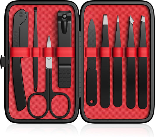 Tweezers and Nail Clippers Set,9 Pcs Professional Stainless Steel Tweezers Kit-Great Precision Tweezers with Curved Scissors and Eyebrow Razor for Daily Beauty Tools with Leather Travel Case