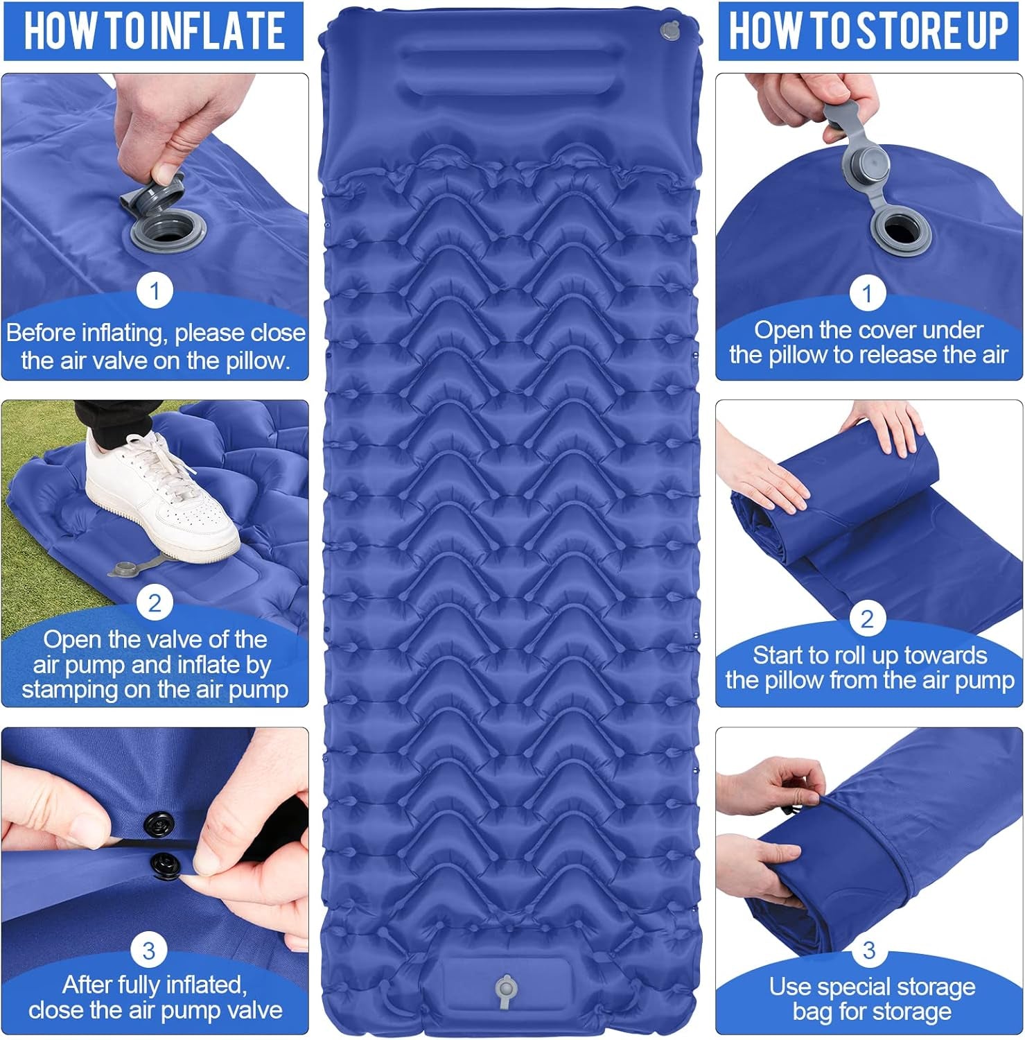 Sleeping Pad, Ultralight Inflatable Sleeping Pad for Camping, Built-In Pump, Ultimate for Camping, Hiking, Airpad, Carry Bag, Repair Kit, Compact & Lightweight Air Mattress(Blue)