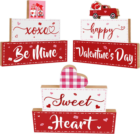 3 PCS Valentine'S Day Wooden Sign Table Decor, Happy Valentine'S Tabletop Centerpiece XOXO Be Mine Valentine Decorations for Tables, Valentine'S Day Presents Wood Love Heart Desk Mantle Shelf Decoration
