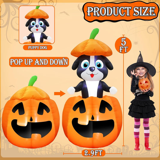 Glam Halloween Inflatables Animated Dog on Pumpkin Outdoor Decorations Blow up Yard with Built-In Leds, Halloween Blow up Outdoor Decor for Indoor Party Outdoor Garden Lawn