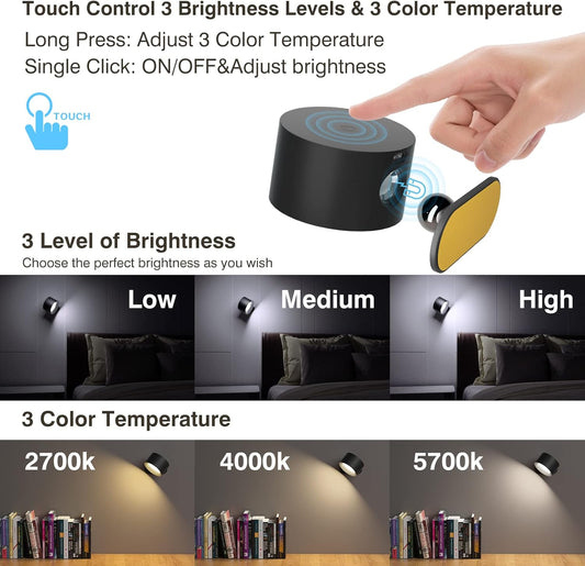 Glam Wireless Charging Wall Lamps with Battery Operated, Wall Mounted Cordless Lights with 3 Color Temperature&3 Brightness, 360° Magnetic Ball, USB Charging Port for Reading Study Bedside