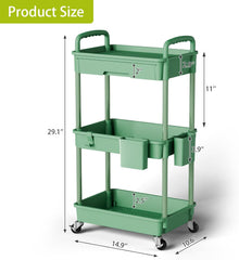 3 Tier Rolling Cart Organizer,Laundry Room Bathroom Organizers and Storage Office Shelves Mobile Shelving Unit Kitchen Trolley Cart with Wheels for Art,Craft,Diaper,Bedside,Snack(Green)