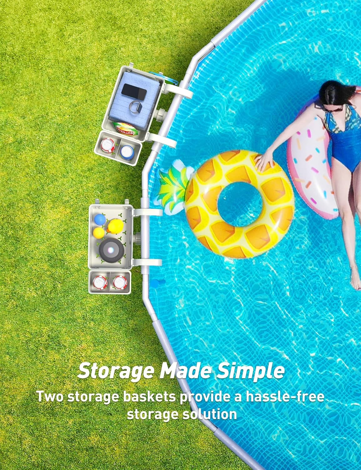 [PATENTED]  2025 Upgrade 2 Sets Poolside Storage Basket - Original above Ground Pool Accessories, Swimming Pool Storage Basket with Pool Cup Holder, Poolside Storage to Organize Cup Towel