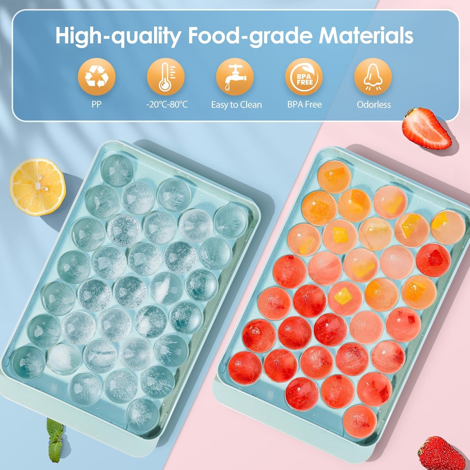 Ice Cube Tray with Lid and Bin - round Ice Trays for Freezer with Lid - Ice Cube Trays for Freezer with Ice Container (1"-2PACK Blue)