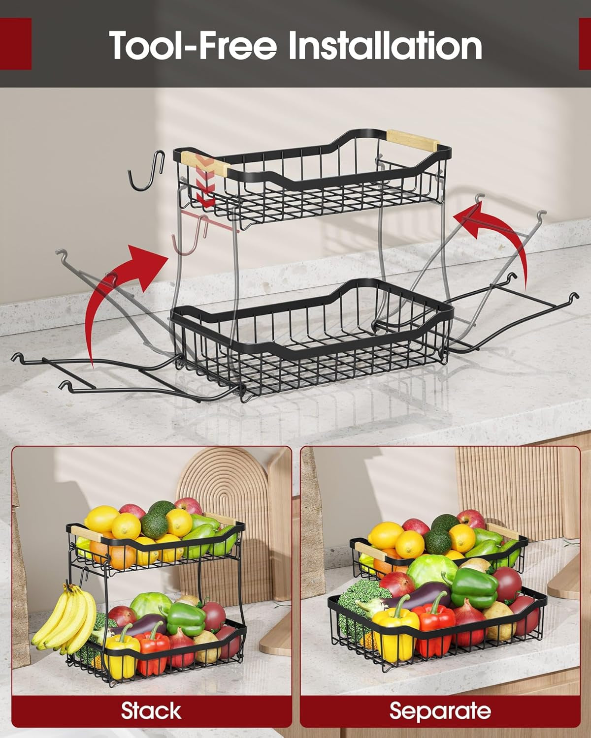 Fruit Basket - 2 Tier Fruit Basket for Kitchen Counter, Detachable Fruit Vegetable Basket with Banana Hanger, Metal Countertop Fruit Stand with Wooden Handle, Black, 7.3" D X 11.2" W X 10.3" H