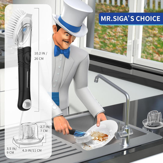 Soap Dispensing Dish Brush Storage Set, Kitchen Brush with Holder for Pot Pan Sink Cleaning