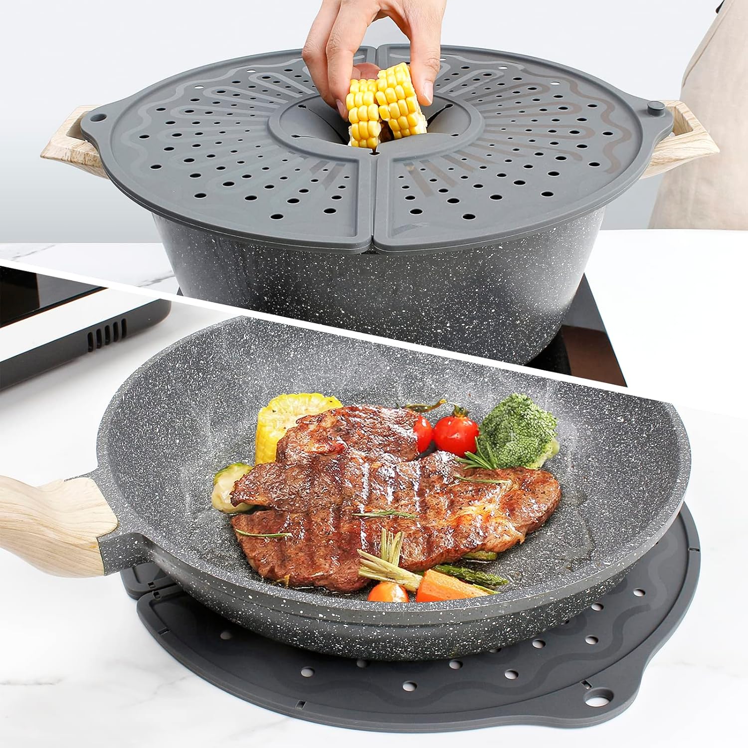 Glam Silicone Splatter Screen for 10, 11 and 12 Inch Frying Pan, Foldable Splash Guard, Multi-Use Grease Splatter Guard/Trivet Mat, 12" Non-Stick Oil Splatter Guard, Dishwasher Safe, BPA Free, Gray