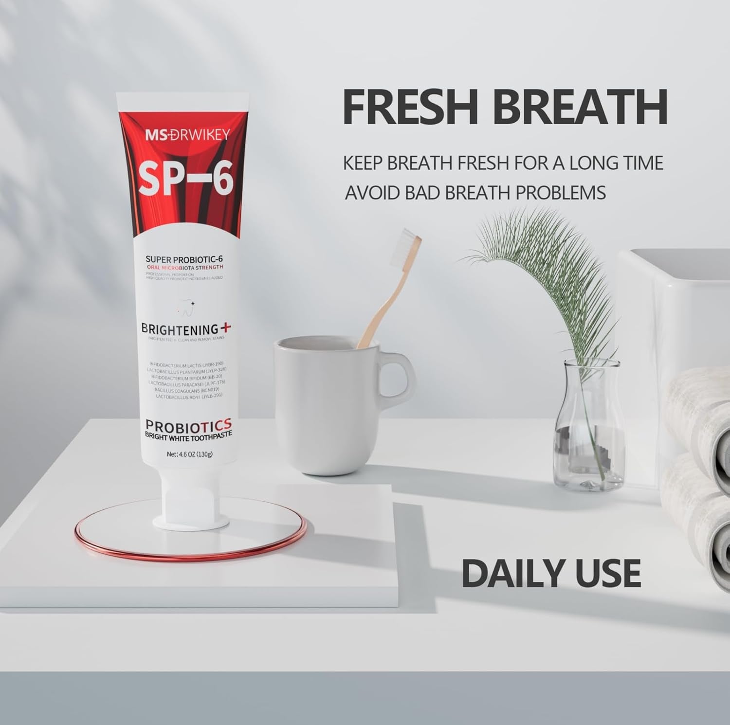SP-6 Probiotic Whitening Toothpaste – Advanced Formula for Whiter Teeth & Healthier Gums | Enamel-Safe | Fluoride-Free | Fresh Mint | 4.6oz