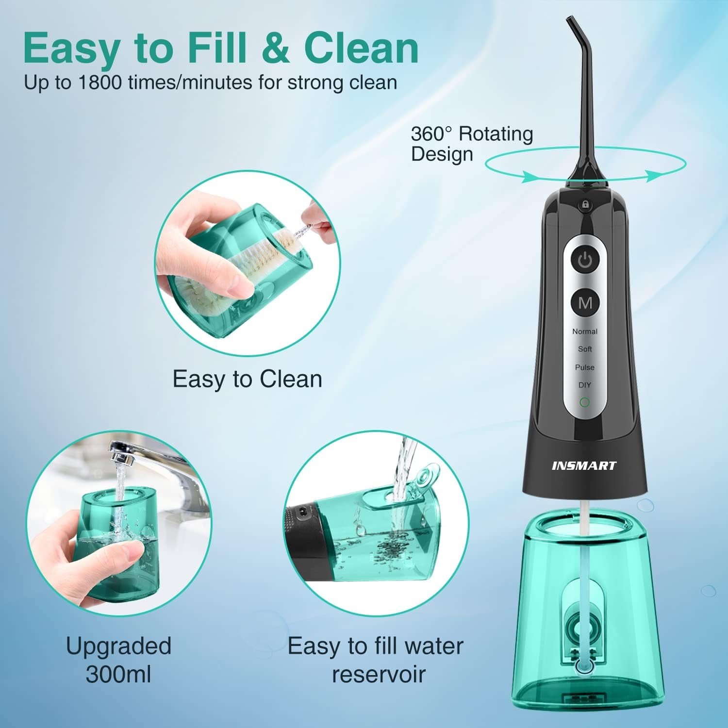 Cordless Water Dental Flosser Teeth Cleaner with Tips Case,  Professional 300ML Tank DIY Mode USB Rechargeable Oral Irrigator for Home and Travel, IPX7 Waterproof 4 Modes Irrigate for Oral Care