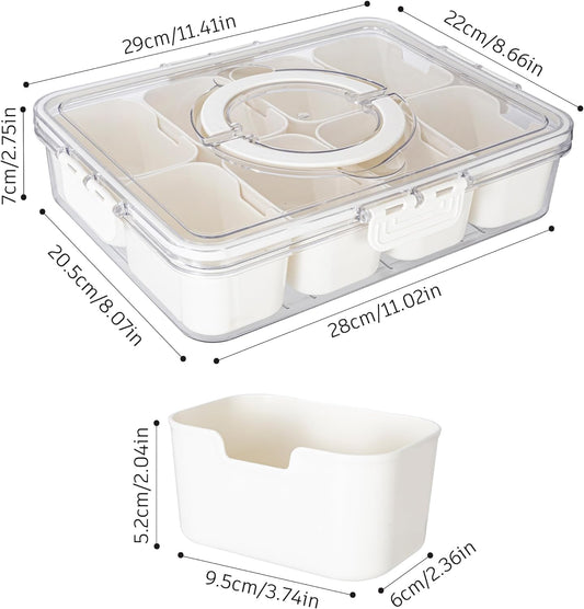 Divided Serving Tray with Lid and Handle - Snackle Box Charcuterie Container for Portable Snack Platters - Clear Organizer for Candy, Fruits, Nuts, Snacks - Perfect for Party, Entertaining
