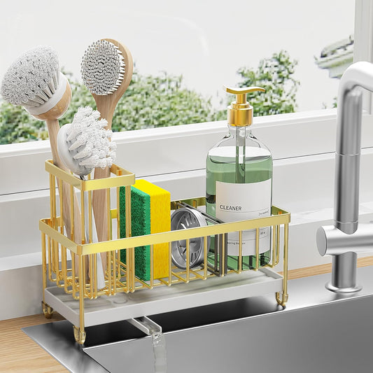 Sponge Holder for Kitchen Sink, Sink Caddy with High Brush Holder, Organzier Rustproof 304 Stainless Steel Dish Organizer Divider, Soap Dispenser Storage(Gold)
