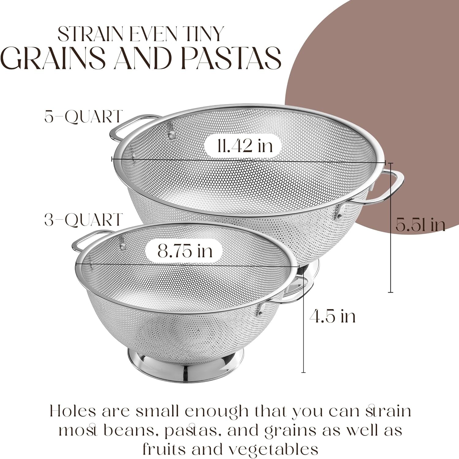 Micro-Perforated Stainless Steel Colander-Dishwasher Safe (3 QT and 5 QT)