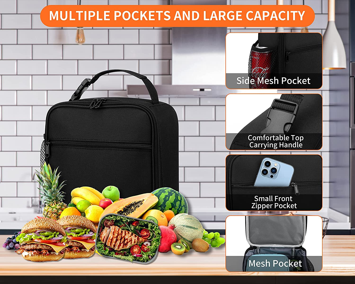 Lunch Box for Men - Reusable Lunch Bag Men Adult Women- Insulated Small Lunchbox (Black)