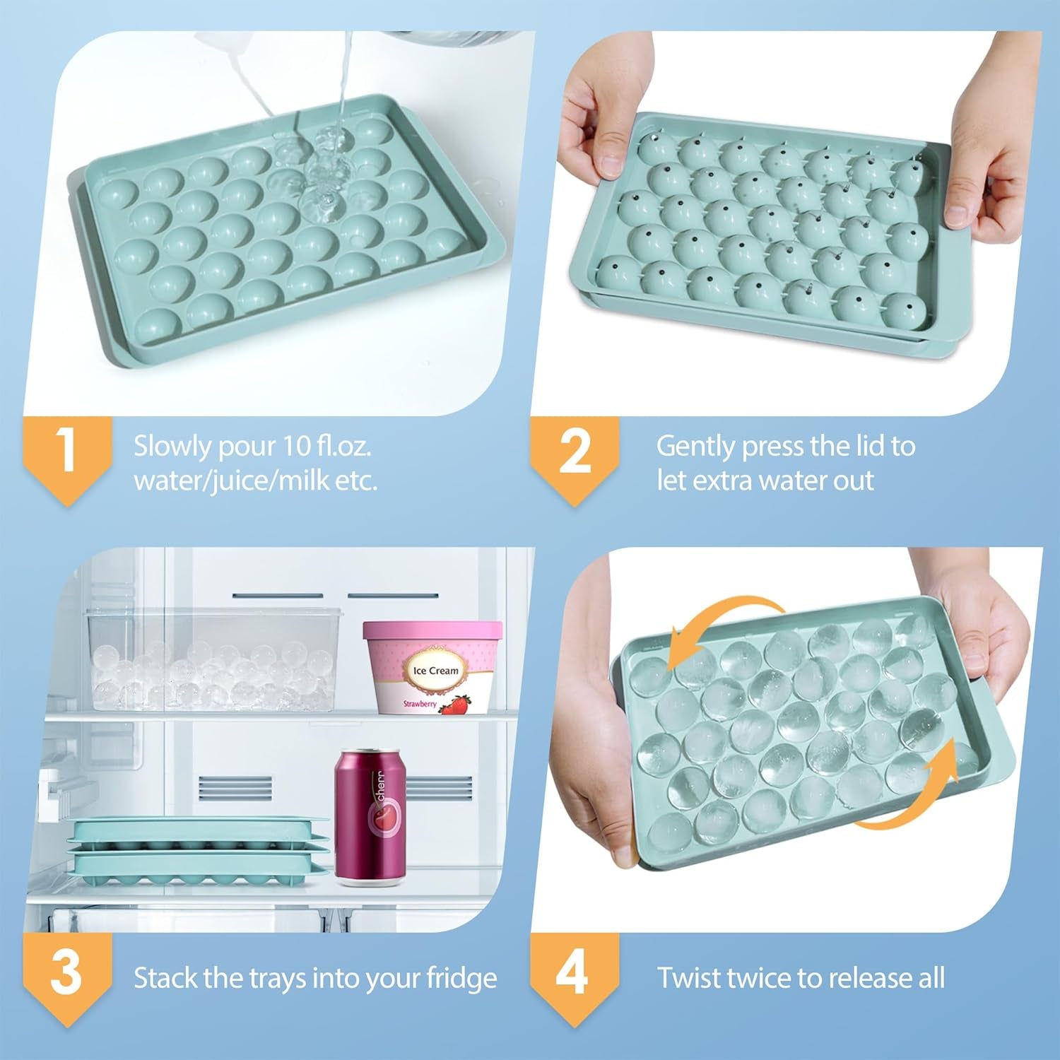 Ice Cube Tray with Lid and Bin - round Ice Trays for Freezer with Lid - Ice Cube Trays for Freezer with Ice Container (1"-2PACK Blue)