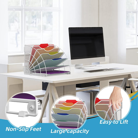 SUPEASY Fan-Shaped Desk File Organizer – 6 Compartments for Papers, Bills & Desk Essentials (White)
