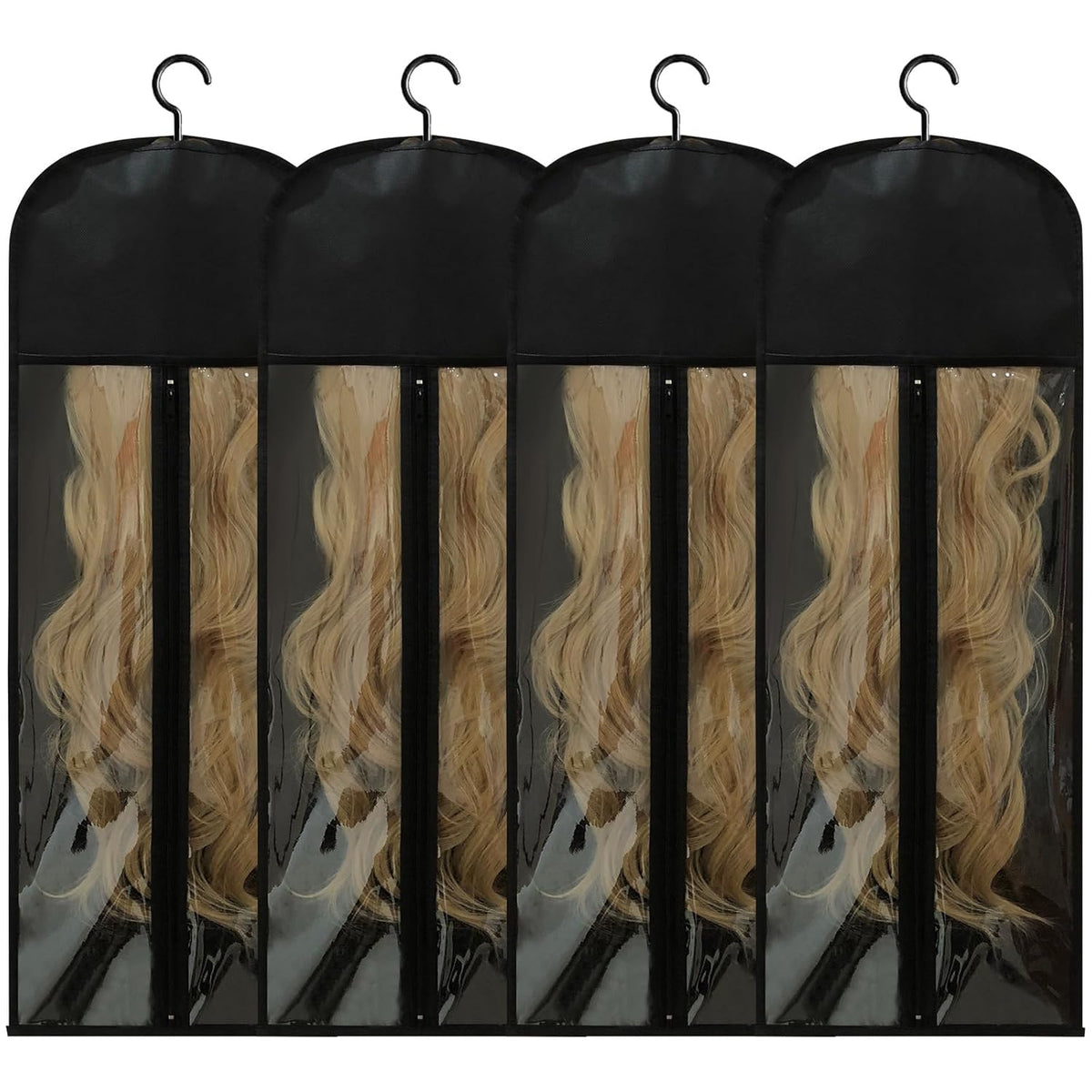 4Pcs Extra Long Wig Storage Bags with Hanger, Wig Storage for Multiple Wigs, Wig Bag with Hook Storage, Breathable and Easy Carry Home Hair Salon Travel Use (Black 31.5In)