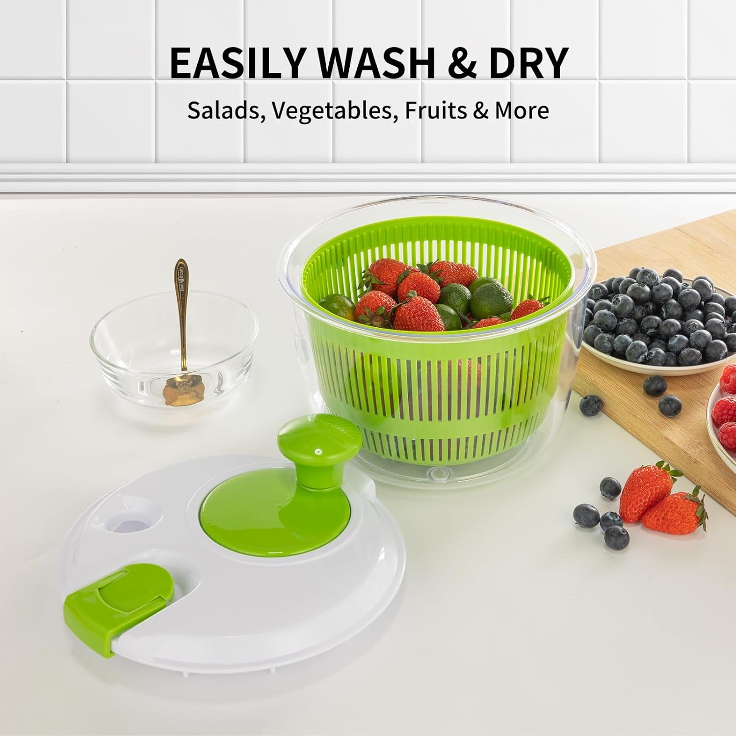 Salad Spinner, Fruit and Vegetable Washer, Spin and Dry Salad Greens, 3 QT Lettuce Spinner with Bowl and Mesh Basket