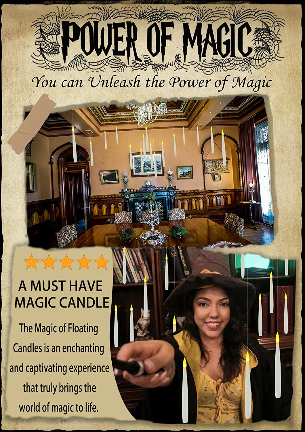 Glam Floating Candles with Wand Magic Hanging Candles, Flickering Warm Light Flameless Floating LED Candle with Wand Remote, Battery Operated Taper Candle Set for Theme Party