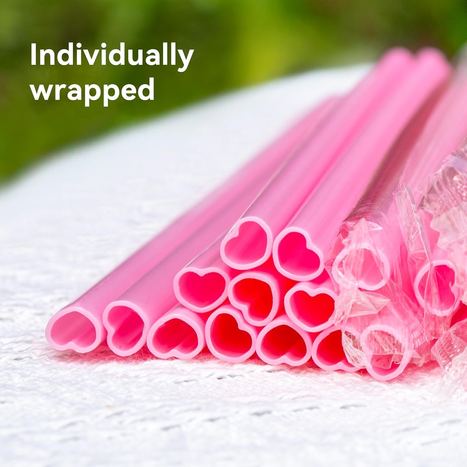 50Pcs Pink Heartshaped Straws,Individually Wrapped Disposable Drinking Straws for Valentines Day/Wedding/Birthday Party/Cocktail Supplies