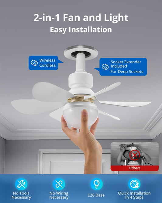 Screw in Ceiling Fan in Light Socket with Remote Control, Mini E26 Plug in Light Bulb Small Fan Fixtures Combo for Bathroom Bedroom Patio, Dimmable Warm Natural Cool White, 16.5 Inch