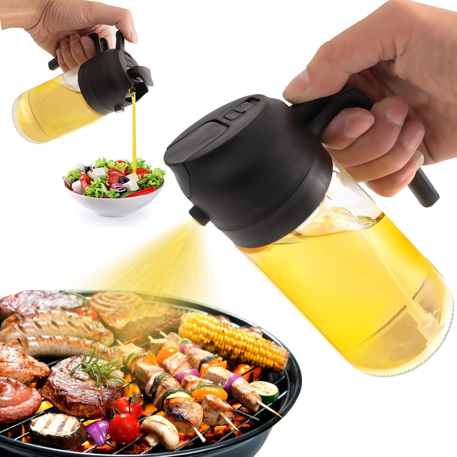2 in 1 Glass Oil Sprayer & Dispenser, 470Ml Glass Olive Oil Sprayer,Cooking Oil Sprayer,Salad,16Oz Oil Sprayer for Oil Bottle - Kitchen Gadgets