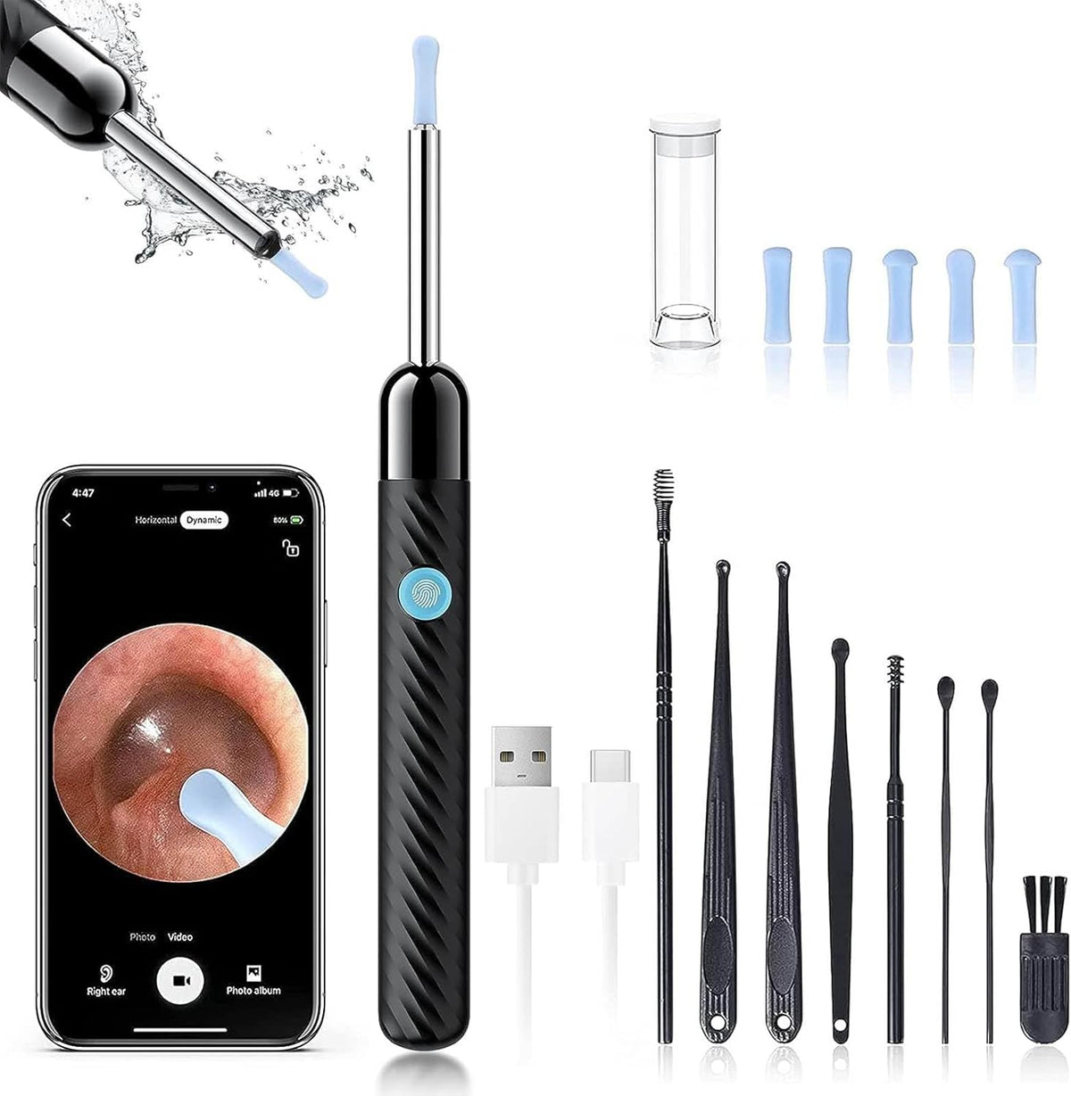 Ear Wax Removal Tool with Camera & Light – 8-Piece Earwax Remover Kit, 6 Ear Spoons, Compatible with iOS & Android (Black)