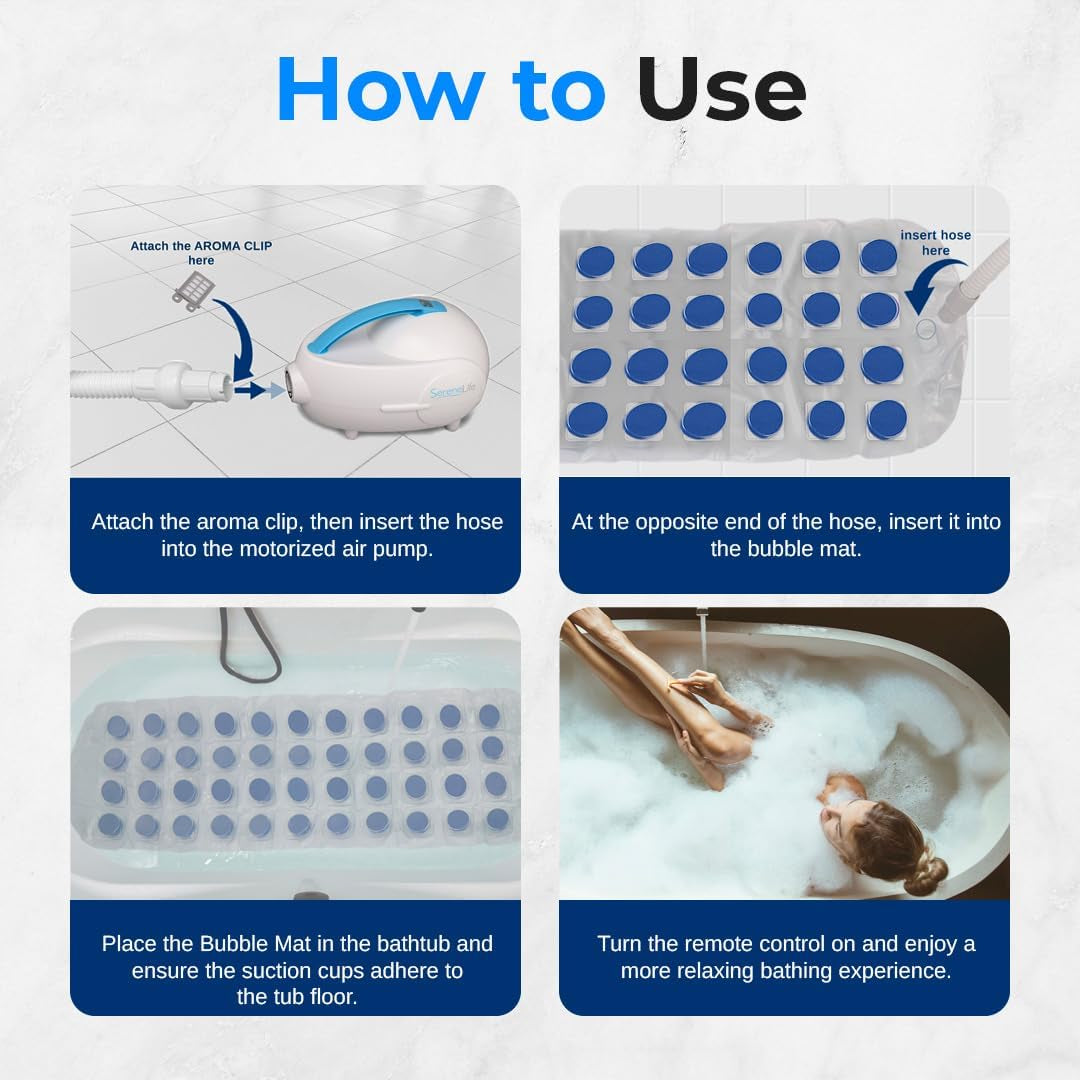 Electric Bubble Massage Mat - Waterproof Massaging Spa, Full Body Bubbling Bath Thermal Massager Machine - Maintains Heat Motorized Air Pump, Aroma Clip for Essential Oil - Blue