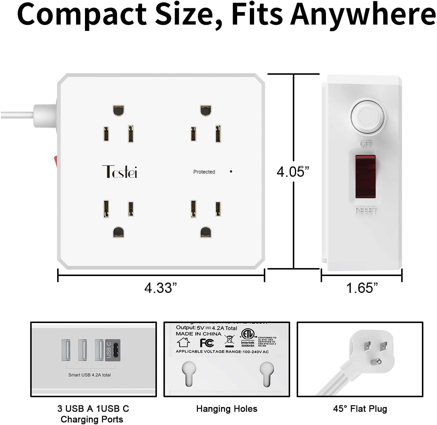 6 Ft Flat Extension Cord,  Ultra-Thin Flat Plug Surge Protector Power Strip, 3-Sided Outlet Extender, 8 AC Outlets and 4 USB Ports(1 USB C) for Home, Office, Dorm Room Essentials, ETL, White