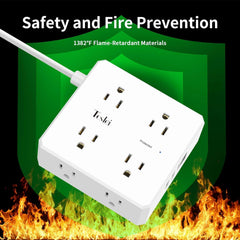 6 Ft Flat Extension Cord,  Ultra-Thin Flat Plug Surge Protector Power Strip, 3-Sided Outlet Extender, 8 AC Outlets and 4 USB Ports(1 USB C) for Home, Office, Dorm Room Essentials, ETL, White
