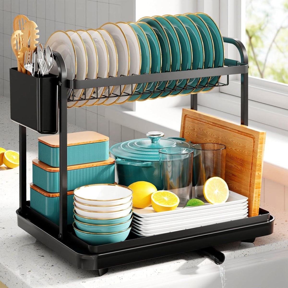 Dish Drying Rack - Stainless Steel Dish Rack for Kitchen Counter, 2-Tier Kitchen Organizers and Storage Rack with Drainboard and Cutlery Holder, Large, Black
