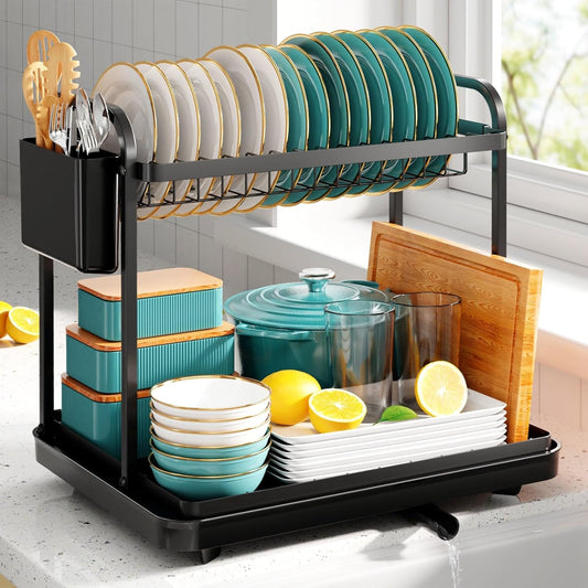 Dish Drying Rack - Stainless Steel Dish Rack for Kitchen Counter, 2-Tier Kitchen Organizers and Storage Rack with Drainboard and Cutlery Holder, Large, Black
