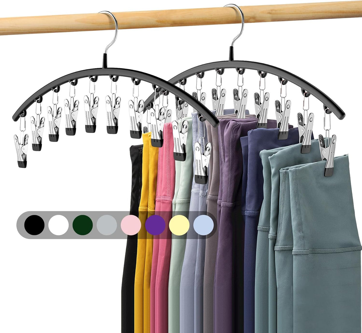 Legging Organizer for Closet, Metal Yoga Pants Hangers 2 Pack W/10 Clips Holds 20 Leggings, Space Saving Hanging Closet Organizer W/Rubber Coated Closet Organizers and Storage, Black
