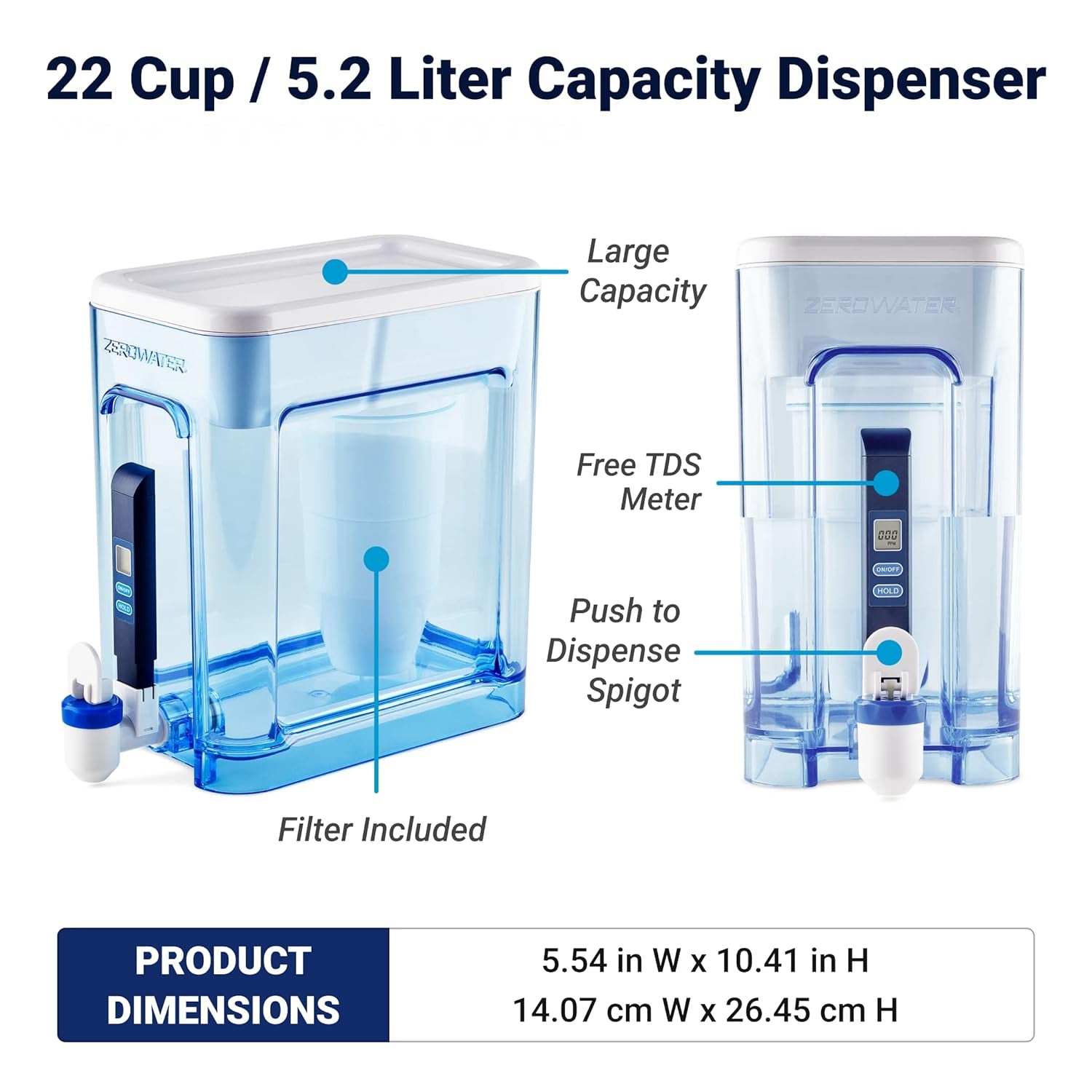 22-Cup Ready-Read 5-Stage Water Filter Pitcher Dispenser with 5-Stage 0 TDS Zero Water Filter – IAPMO Certified to Reduce Metals, Chlorine, Lead, Chromium, and Forever Chemicals PFOA/PFOS
