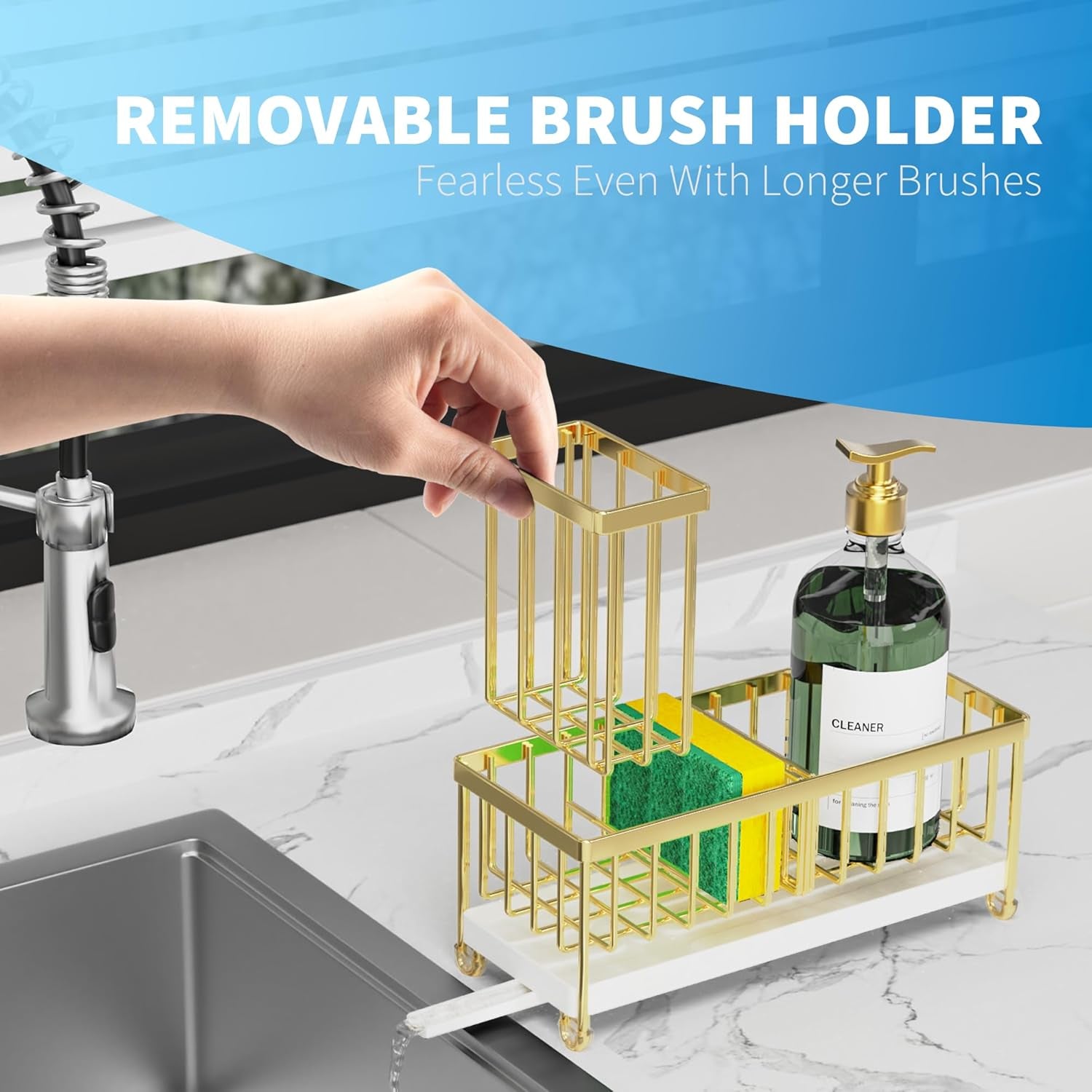 Sponge Holder for Kitchen Sink, Sink Caddy with High Brush Holder, Organzier Rustproof 304 Stainless Steel Dish Organizer Divider, Soap Dispenser Storage(Gold)