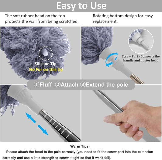 Microfiber Feather Duster Extendable Duster with 100 Inches Extra Long Pole, Bendable Head & Long Handle Dusters for Cleaning Ceiling Fan, High Ceiling, Blinds, Furniture & Cars Gray