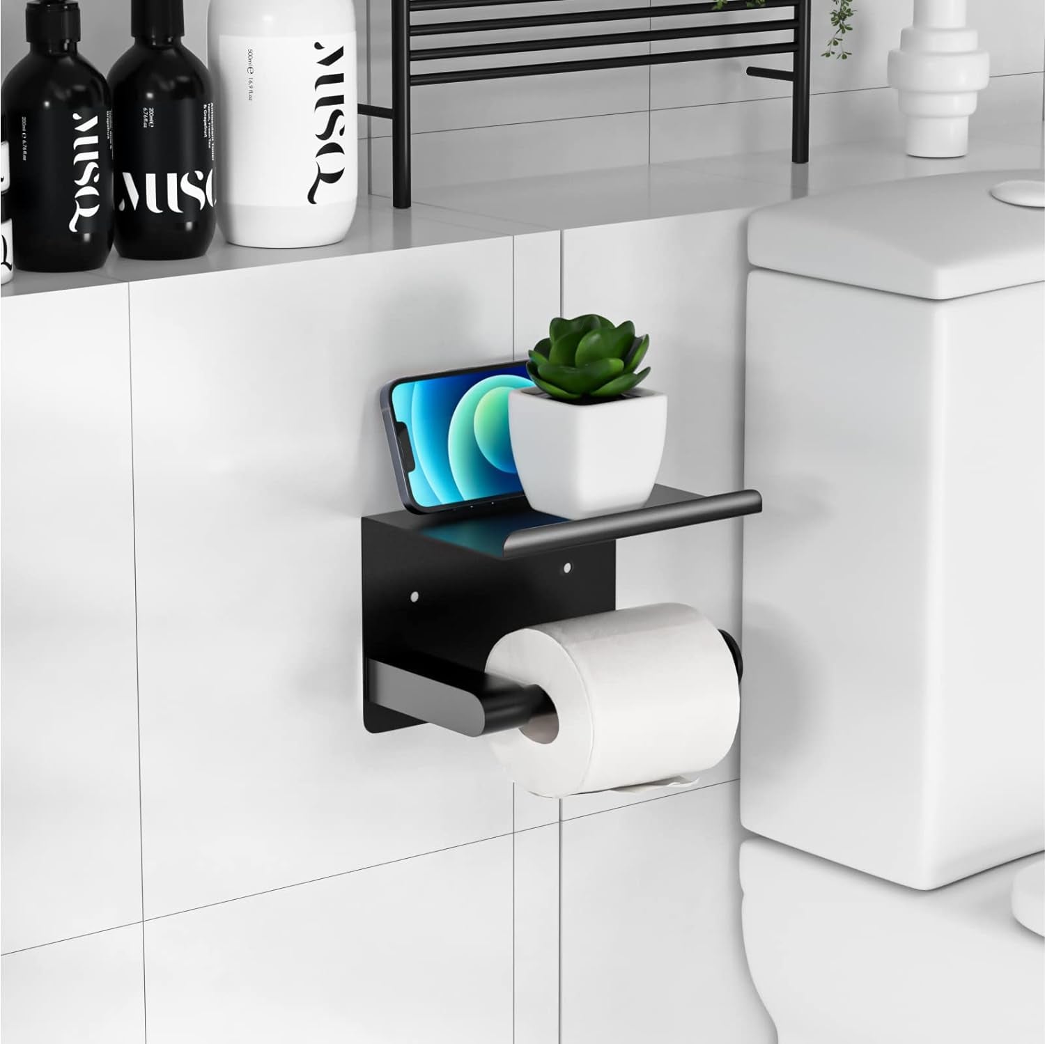 Toilet Paper Holder Wall Mount, Fits Mega Rolls Size Matte Black Toilet Paper Holder with Shelf, Rustproof Stainless Steel Self Adhesive Toilet Paper Holder, Black Bathroom Toilet Paper Holder