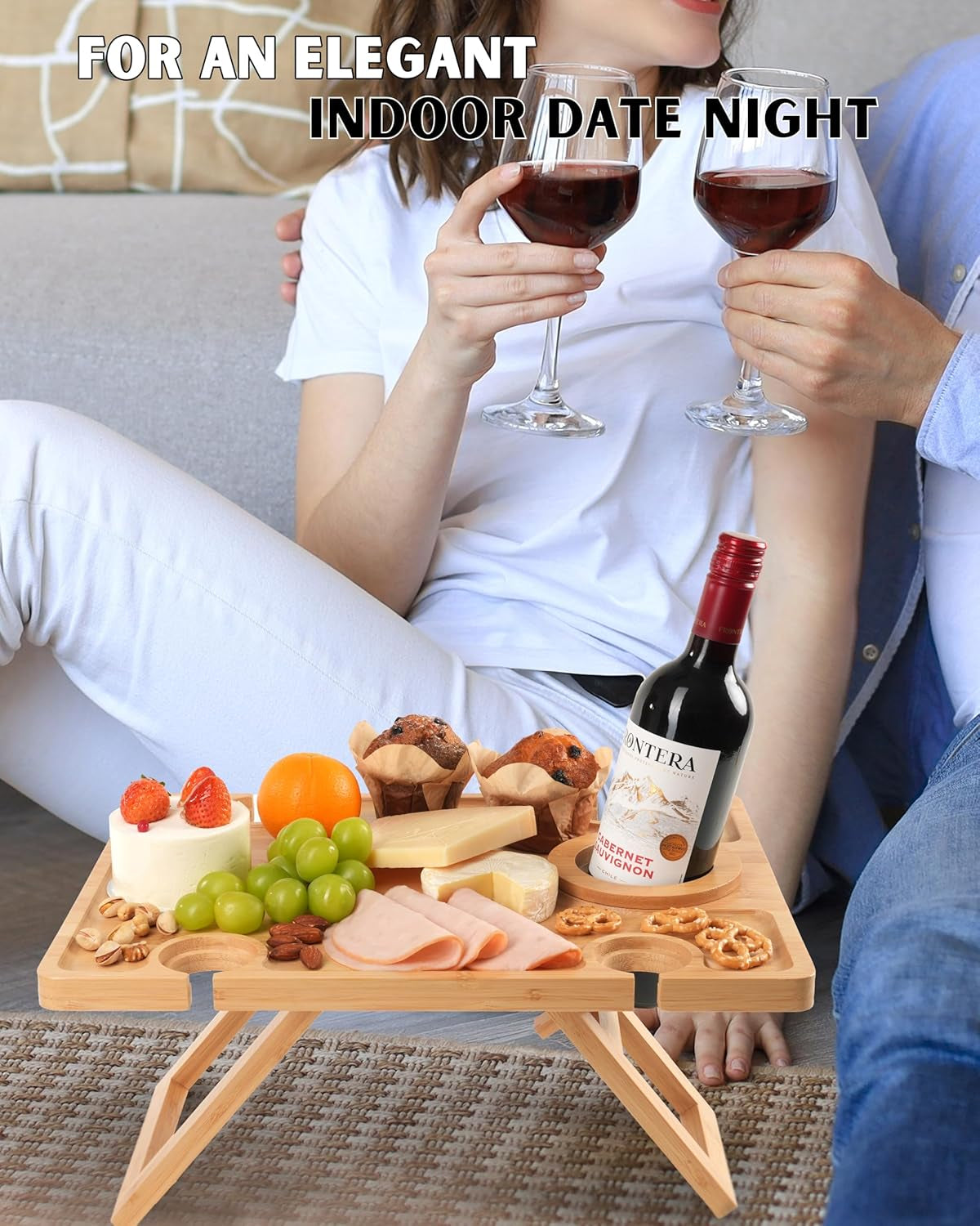 Portable Wine Picnic Table, Outdoor Wine Table, Charcuterie Board with Wine Glass Holder, Beach Picnic Kit - Includes Picnic Mat & Tote Bag